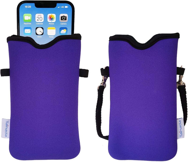 Tainada Men Women Neoprene Cell Phone Sleeve Pouch Case Bag w/Crossbody Strap/Neck Lanyard for iPhone 17/16/15 Pro Max, Air, 16/15 Plus, 16e; Samsung S25, S24, A56, Google Pixel 10, 9a (Purple) - Image 1